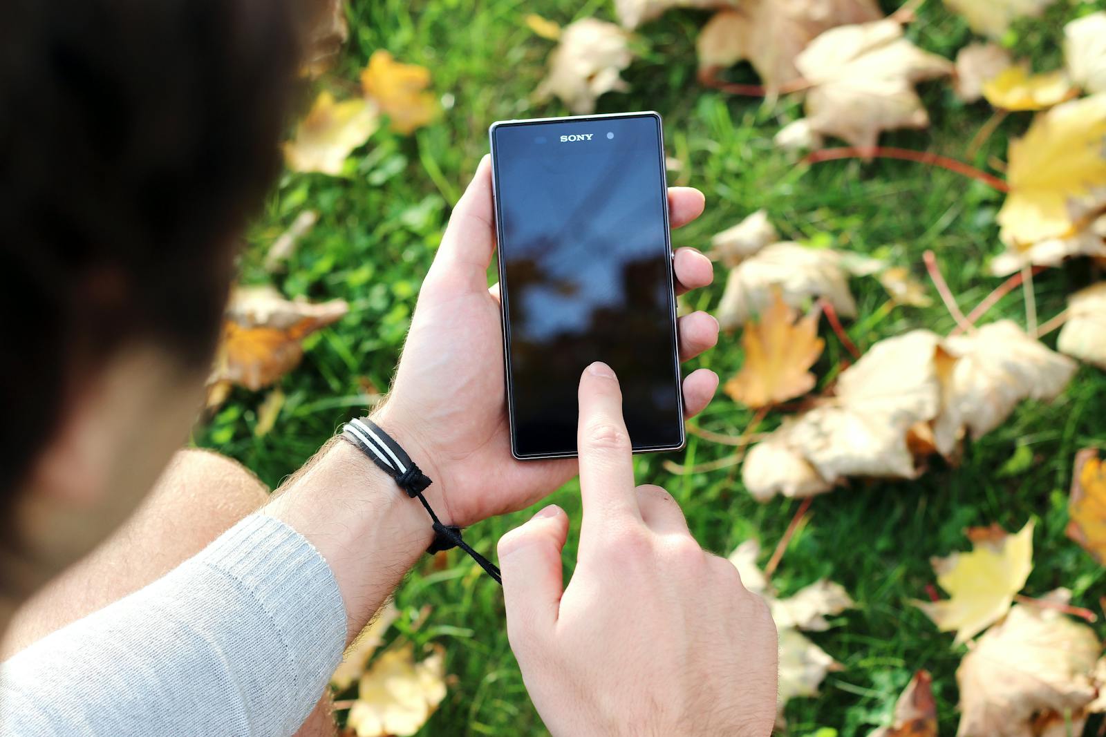Close-up of a hand using a smartphone outside on a grassy area with autumn leaves.